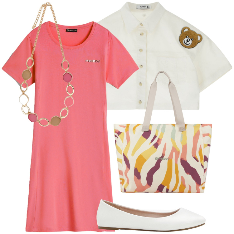 Outfit donna - L orsetto fa cucu. Stile Trendy per Tutti i giorni. Abbinamento con ballerine, blazer, vestiti corti, shopping bag, collane.
