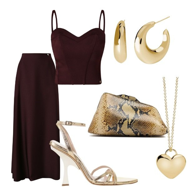 Outfit donna - Cerimonia tra intimi. Stile Glamour per Serata fuori. Abbinamento con orecchini, collane, gonne lunghe, top, sandali col tacco, pochette.
