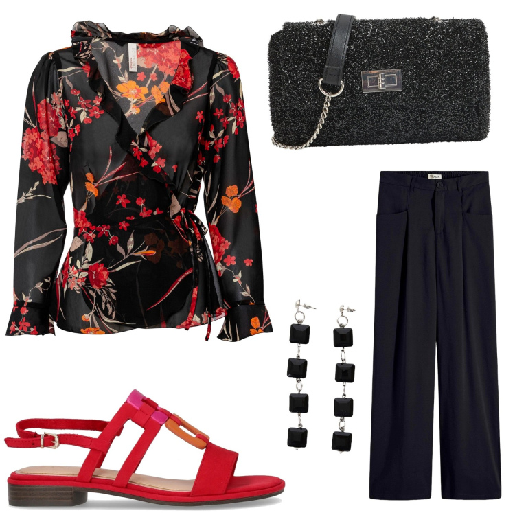 Outfit donna - Riunione in azienda. Stile Chic per Ufficio. Abbinamento con bluse, pantaloni a palazzo, borse a tracolla, orecchini, sandali.