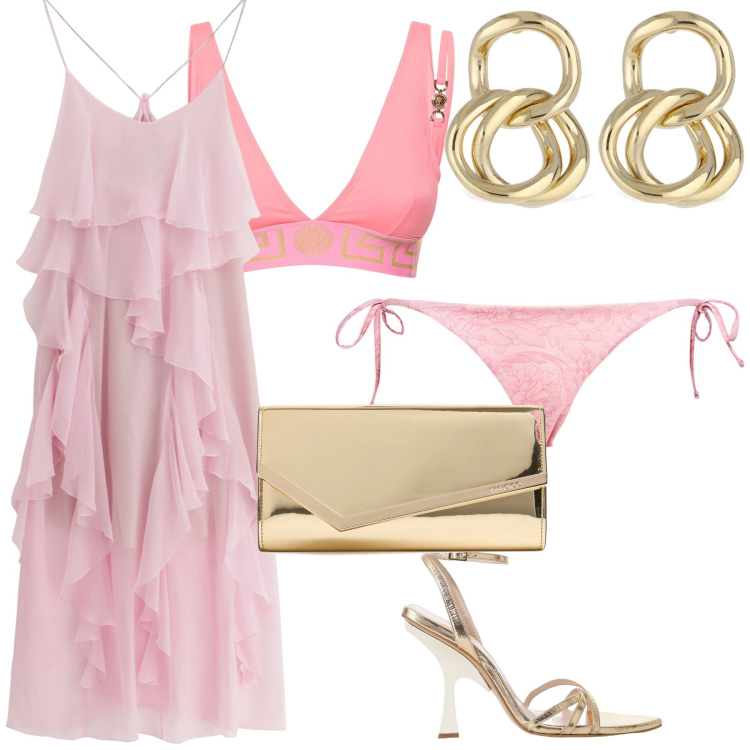 Outfit donna - Si balla nella mia spiaggia. Stile Chic per Mare. Abbinamento con vestiti lunghi, sandali col tacco, orecchini, bikini, pochette, bikini.
