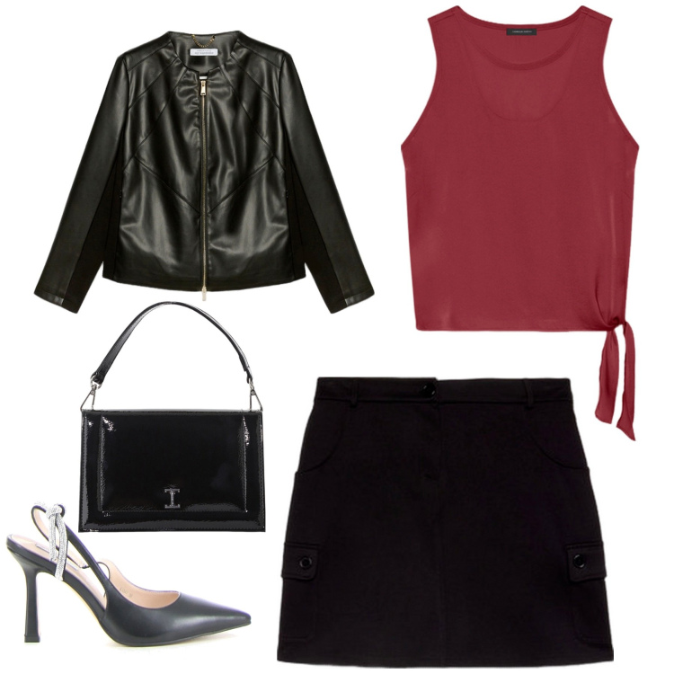 Outfit donna - Una serata con le amiche. Stile Casual chic per Serata fuori. Abbinamento con borse a tracolla, minigonne, décolleté, blazer, top.