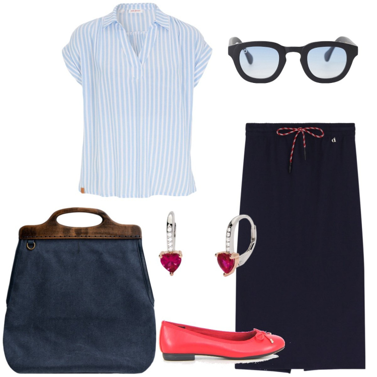 Outfit donna - Total look #2203901. Stile Bon Ton per Ufficio. Abbinamento con bluse, orecchini, occhiali da sole, gonne longuette, borse a tracolla, ballerine.