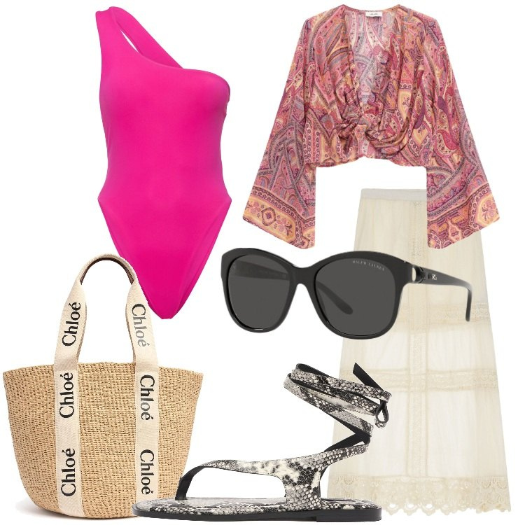 Outfit donna - Il costume intero - @marystyle. Stile Boho per Mare. Abbinamento con gonne lunghe, top, occhiali da sole, shopping bag, costumi interi, sandali col tacco.