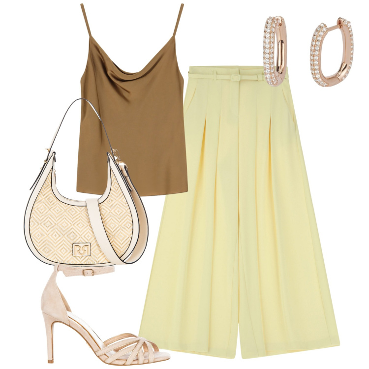 Outfit donna - City. Stile Urban per Tutti i giorni. Abbinamento con sandali col tacco, borse a mano, orecchini, pantaloni, top.