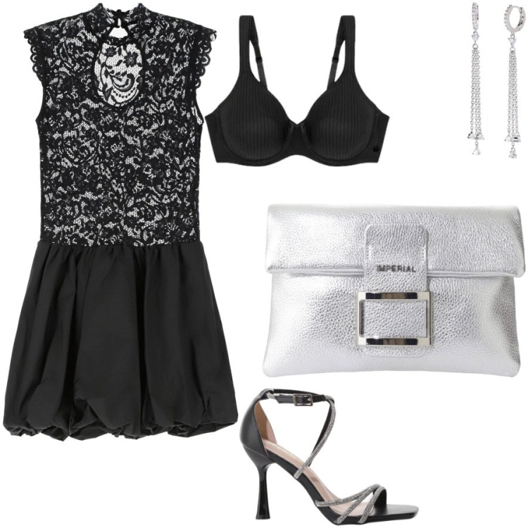 Outfit donna - Pizzo e orlo a palloncino. Stile Glamour per Serata fuori. Abbinamento con orecchini, sandali col tacco, vestiti corti, pochette, reggiseni.
