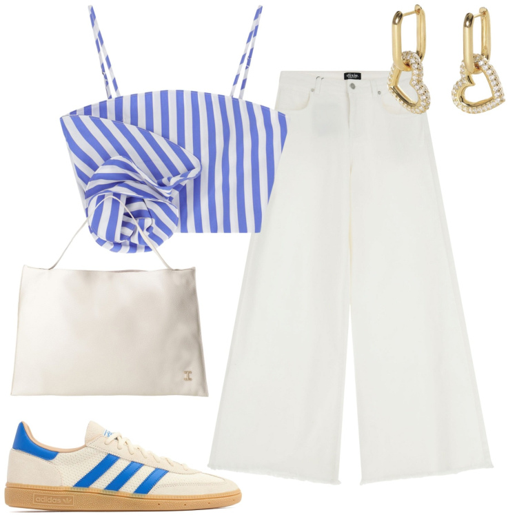 Outfit donna - Luglio. Stile Casual chic per Tutti i giorni. Abbinamento con orecchini, canottiere, borse a spalla, jeans, sneakers.
