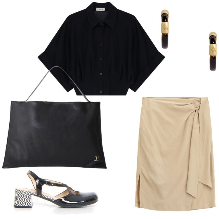 Outfit donna - Total look #2203916. Stile Bon Ton per Ufficio. Abbinamento con borse a spalla, gonne longuette, camicie, orecchini, décolleté.