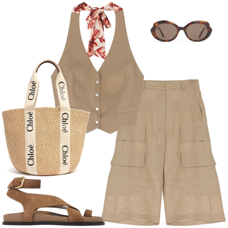 Outfit donna - Summertime. Stile Casual chic per Tutti i giorni. Abbinamento con shorts, top, shopping bag, occhiali da sole, sandali in pelle.