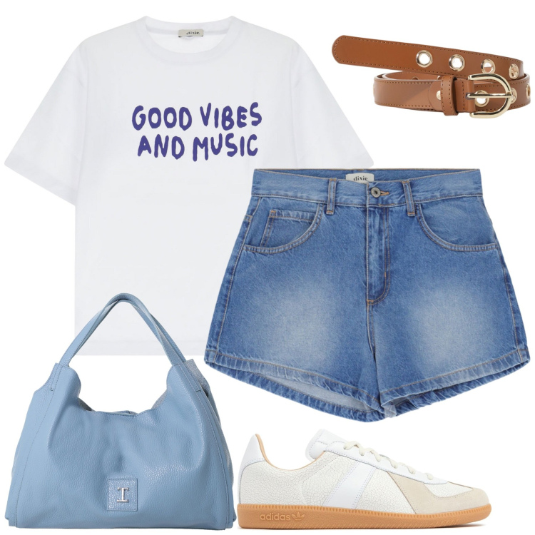 Outfit donna - Luglio. Stile Casual per Tutti i giorni. Abbinamento con cinture, pochette, shorts, t-shirt, sneakers.