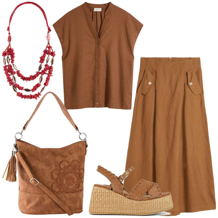 Outfit donna - Total look #2203932. Stile Casual per Tutti i giorni. Abbinamento con borse a mano, camicie a manica corta, gonne, zeppe, collane.