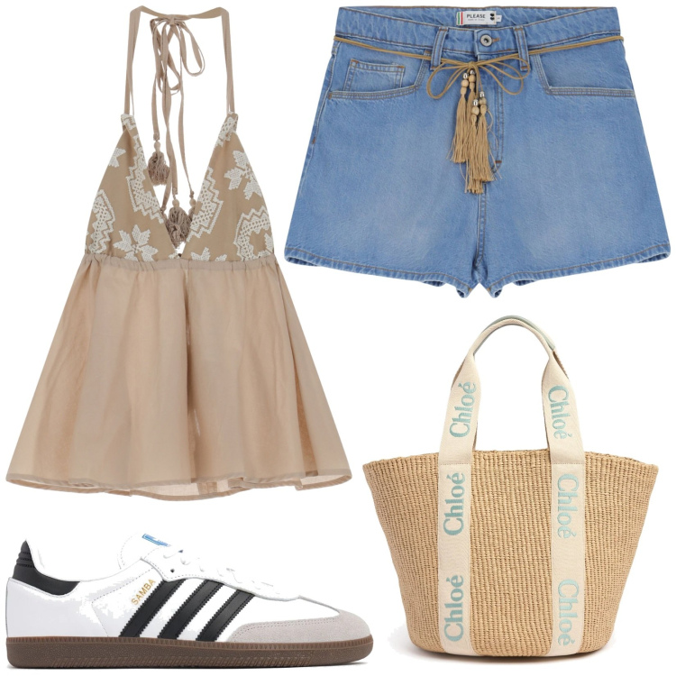 Outfit donna - Total look #2203936. Stile Basic per Mare. Abbinamento con shorts, top, sneakers, shopping bag.