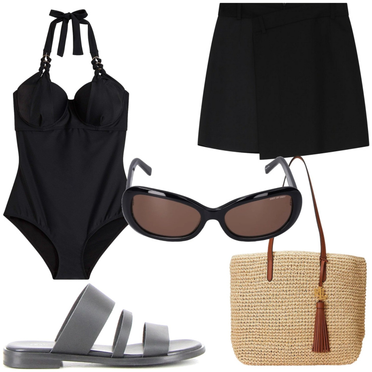 Outfit donna - Look mare total black. Stile Glamour per Mare. Abbinamento con costumi interi, minigonne, borse tote, occhiali da sole, ciabatte.