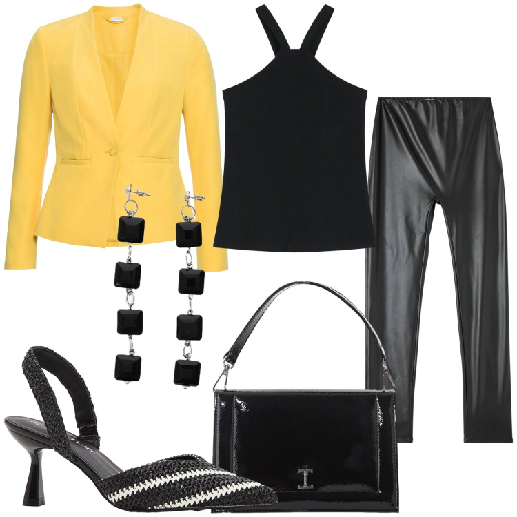 Outfit donna - Serata in nero black. Stile Glamour per Serata fuori. Abbinamento con blazer, décolleté, treggings, borse a tracolla, top, orecchini.