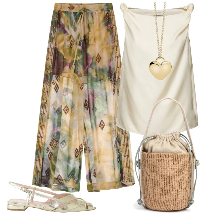Outfit donna - Raffinata. Stile Bon Ton per Ufficio. Abbinamento con collane, pantaloni a palazzo, sandali, top, borse a secchiello.
