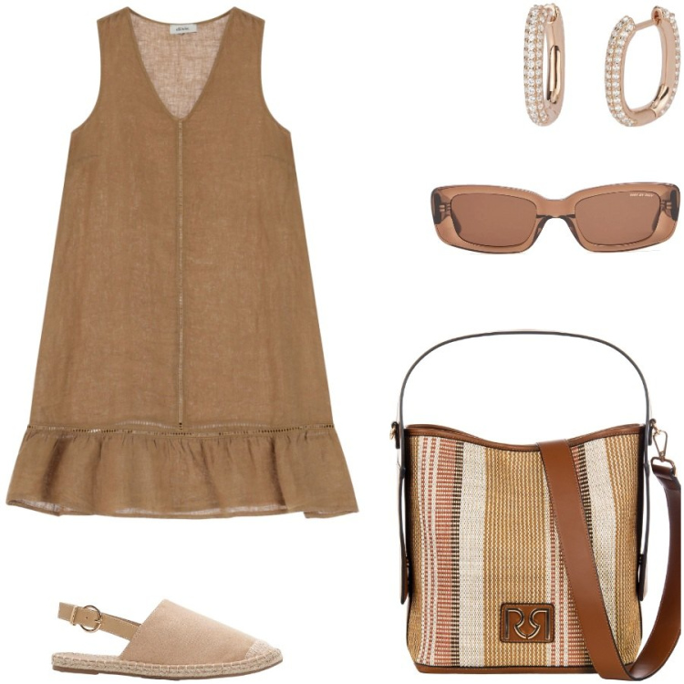 Outfit donna - La calda estate italiana. Stile Casual chic per Tutti i giorni. Abbinamento con espadrillas, vestiti corti, orecchini, borse a secchiello, occhiali da sole.