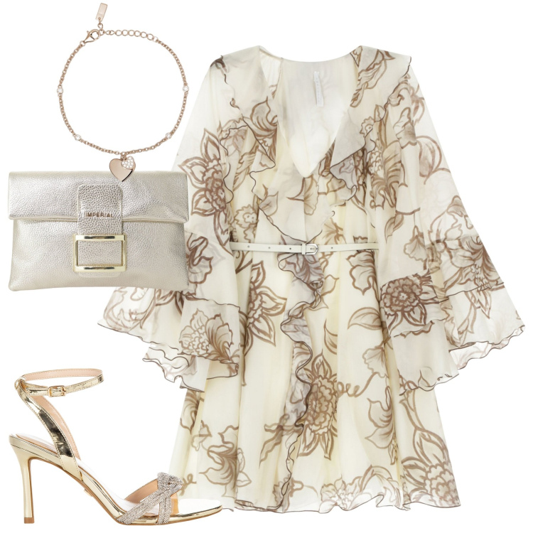 Outfit donna - Cerimonia. Stile Romantica per Cerimonia. Abbinamento con vestiti corti, pochette, braccialetti con ciondoli, sandali col tacco.