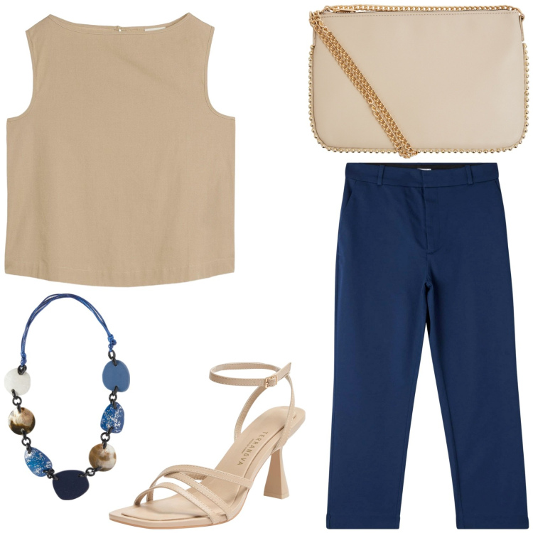 Outfit donna - Blu e beige. Stile Casual chic per Tutti i giorni. Abbinamento con top, pantaloni chino, borse a tracolla, sandali col tacco, collane.