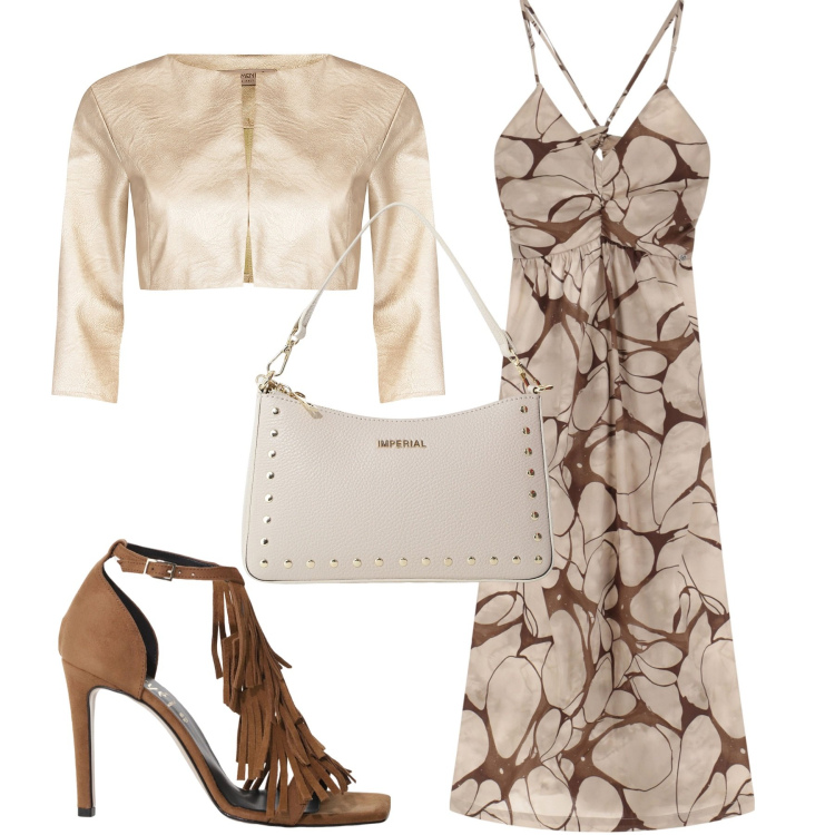Outfit donna - Serata. Stile Trendy per Serata fuori. Abbinamento con bolero, vestiti lunghi, borse a spalla, décolleté.