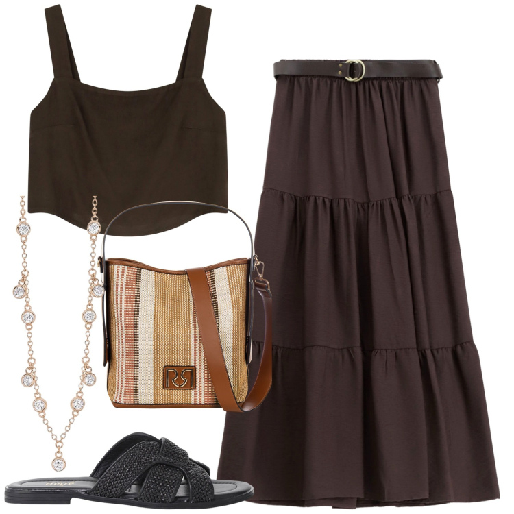 Outfit donna - Brown. Stile Casual chic per Tutti i giorni. Abbinamento con gonne lunghe, top, sandali, collane, borse a secchiello.
