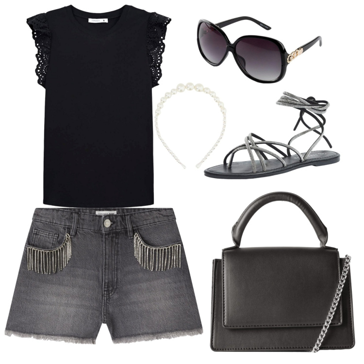 Outfit donna - Total black. Stile Urban per Tutti i giorni. Abbinamento con occhiali da sole, sandali alla schiava, shorts, borse a tracolla, t-shirt, cerchietti.