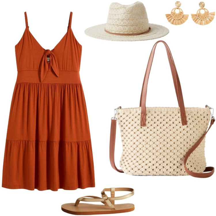 Outfit donna - Tempo di vacanze. Stile Casual per Tutti i giorni. Abbinamento con borse a mano, orecchini, vestiti, cappelli, ciabatte.