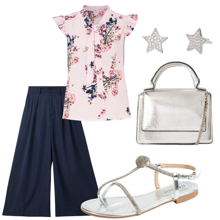 Outfit donna - Luglio in ufficio. Stile Urban per Ufficio. Abbinamento con bluse, pantaloni, borse a tracolla, ciabatte, orecchini.
