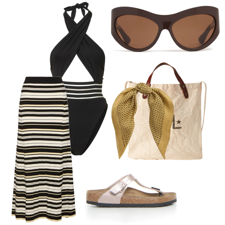 Outfit donna - Il costume intero. per Mare. Abbinamento con foulard, borse tote, costumi interi, occhiali da sole, infradito, gonne lunghe.