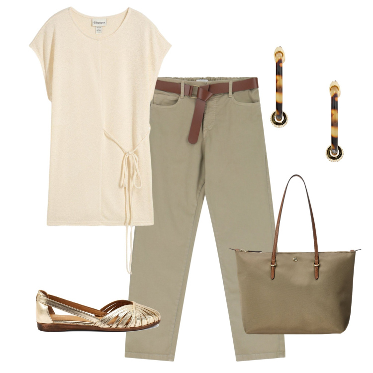 Outfit donna - Luglio al lavoro 2. Stile Minimal per Ufficio. Abbinamento con maglieria, pantaloni, borse tote, orecchini, ballerine.