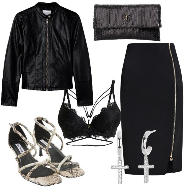 Outfit donna - Concerto Rock Glam. Stile Rock per Serata fuori. Abbinamento con reggiseni push-up, sandali col tacco, giacche, gonne, orecchini, borse a tracolla.