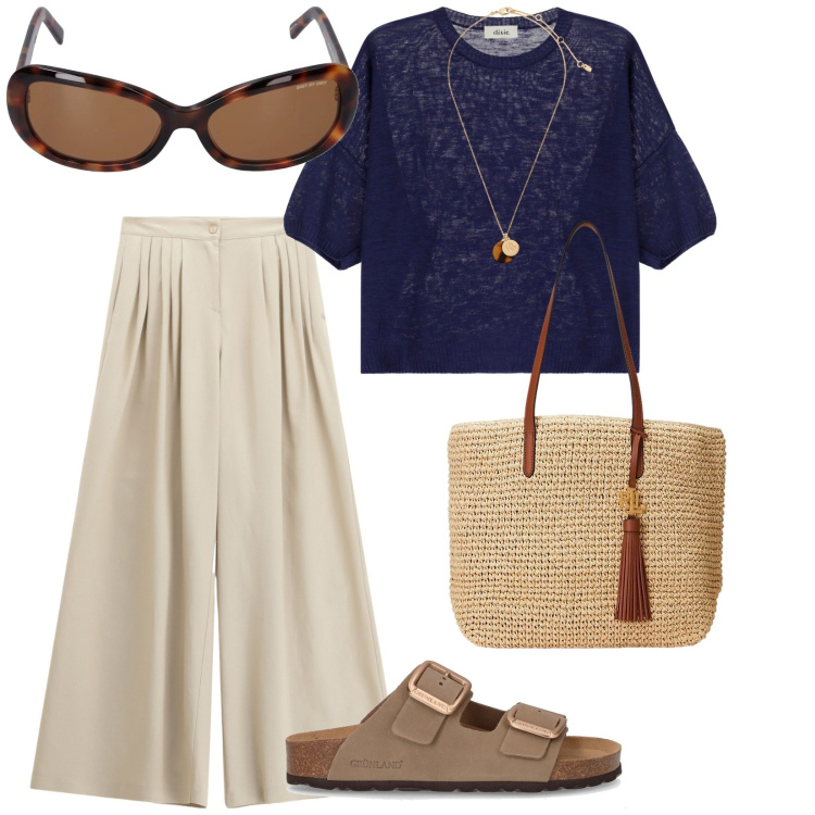 Outfit donna - Blu e sabbia. per Mare. Abbinamento con pantaloni a palazzo, pullovers, collane, borse tote, ciabatte, occhiali da sole.