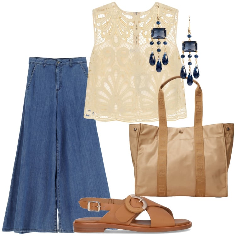 Outfit donna - Blu e sabbia. per Mare. Abbinamento con jeans, top, borse tote, orecchini, sandali.