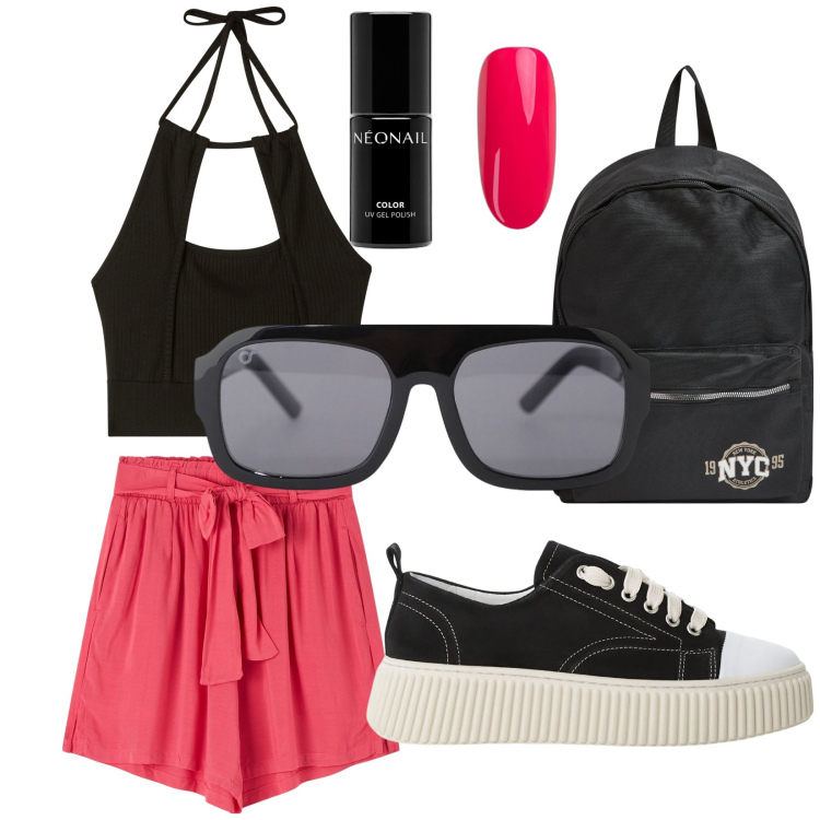 Outfit donna - Una giornata calda. Stile Sporty chic per Tutti i giorni. Abbinamento con smalti, shorts, top, zaini, sneakers, occhiali da sole.