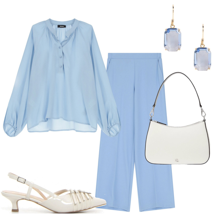 Outfit donna - Luglio in ufficio. Stile Casual chic per Ufficio. Abbinamento con pantaloni, camicie, orecchini, borse a spalla, décolleté.