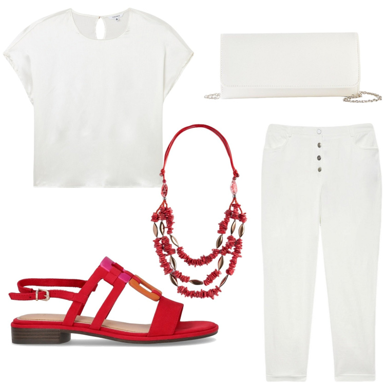 Outfit donna - Look pratico in Total White. Stile Sporty chic per Tutti i giorni. Abbinamento con pochette, bluse, pantaloni, collane, sandali.