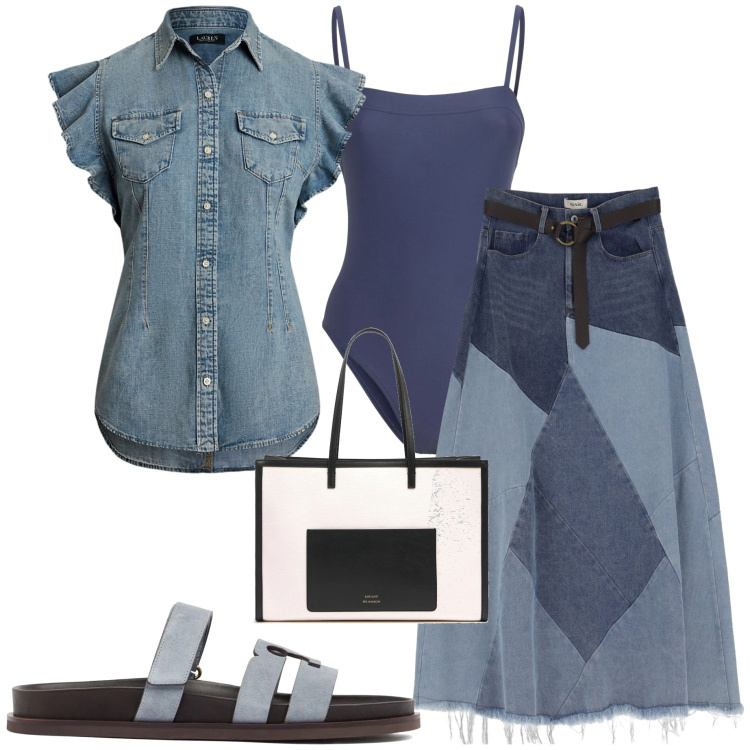 Outfit donna - Il costume intero. Stile Casual chic per Mare. Abbinamento con gonne longuette, camicie a manica corta, costumi interi, sandali in pelle, borse tote.