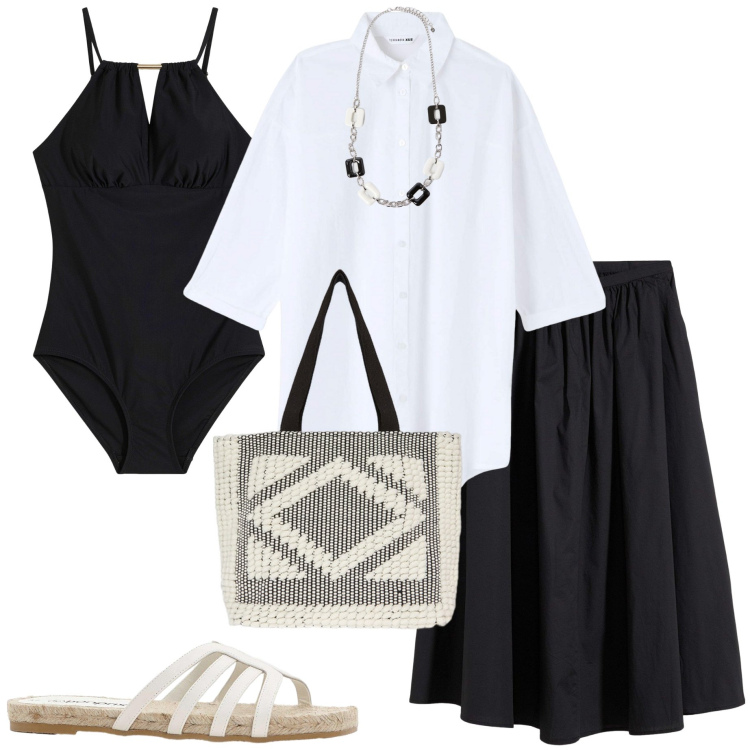 Outfit donna - Costume intero. Stile Casual chic per Tutti i giorni. Abbinamento con costumi interi, ciabatte, gonne, camicie, shopping bag, collane.