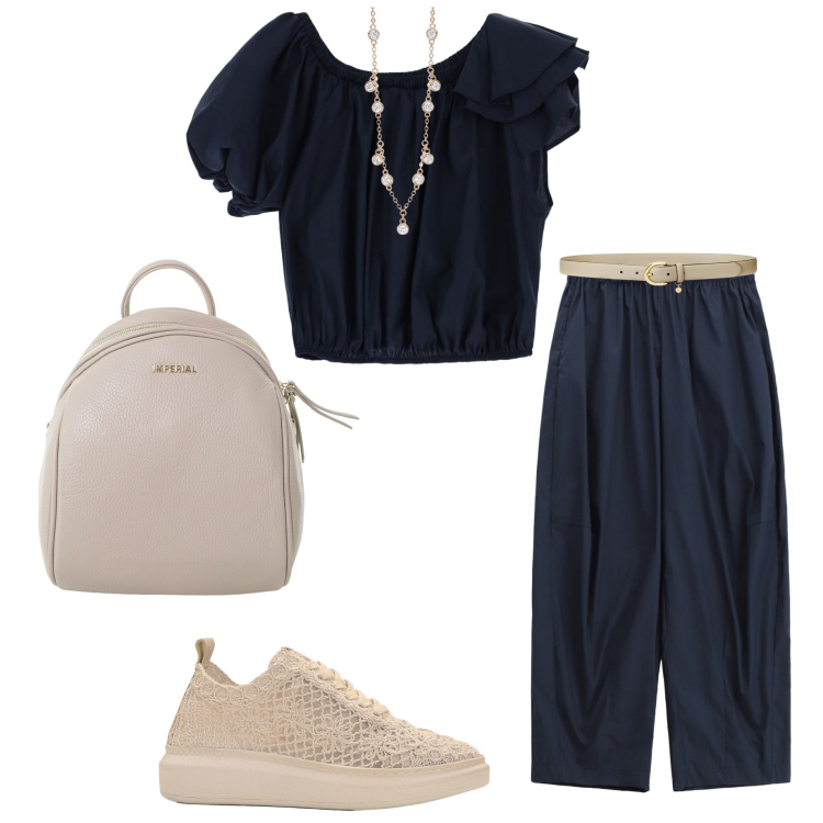 Outfit donna - Blu e sabbia. Stile Casual chic per Tutti i giorni. Abbinamento con sneakers, pantaloni, top, zaini, collane, cinture.