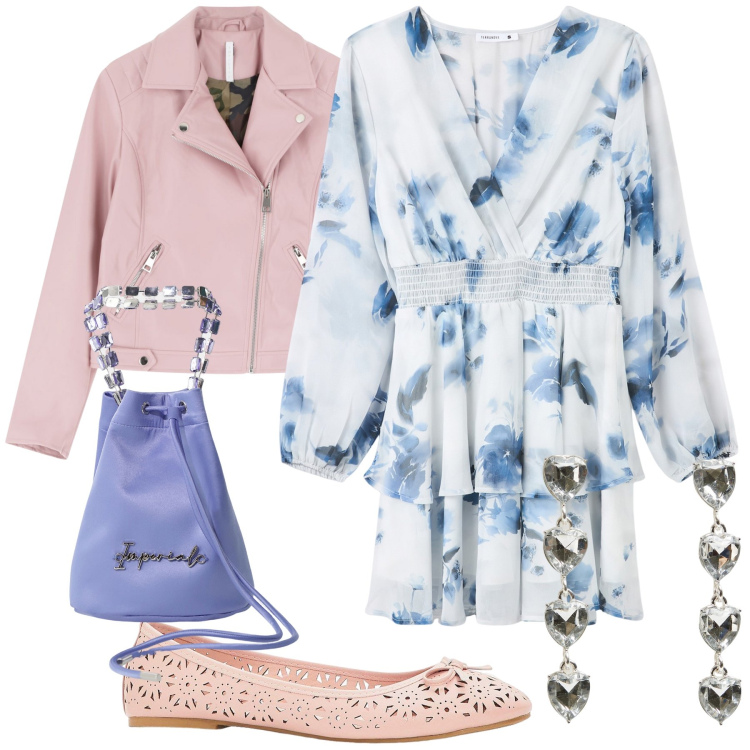 Outfit donna - Al ristorante in montagna. Stile Romantica per Serata fuori. Abbinamento con ballerine, vestiti, orecchini, blazer, borse a secchiello.
