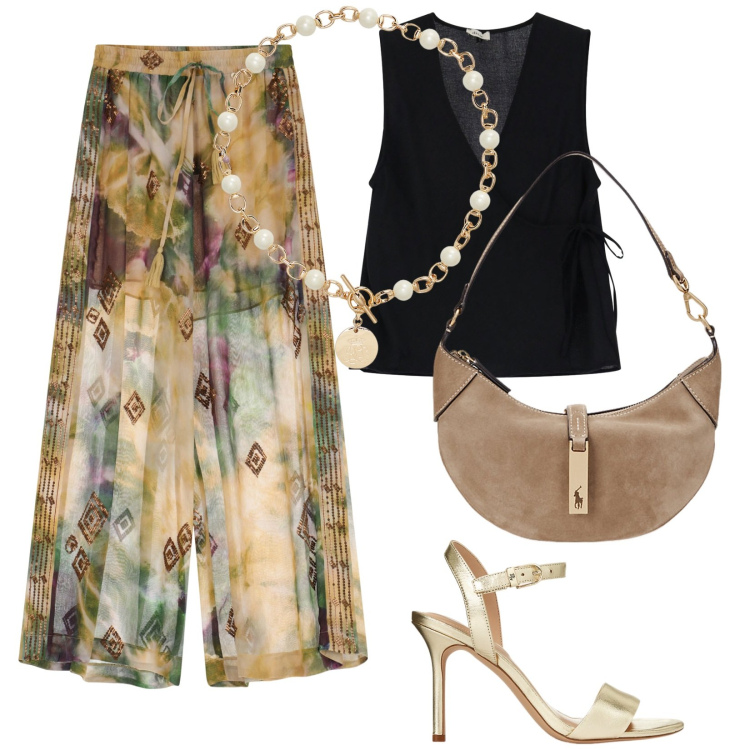 Outfit donna - Pranzo a Positano. Stile Chic per Tutti i giorni. Abbinamento con pantaloni a palazzo, top, collane, borse a spalla, sandali in pelle.