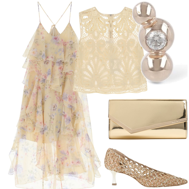 Outfit donna - Cerimonia ton sur ton. Stile Chic per Cerimonia. Abbinamento con vestiti lunghi, décolleté, top, pochette, orecchini.