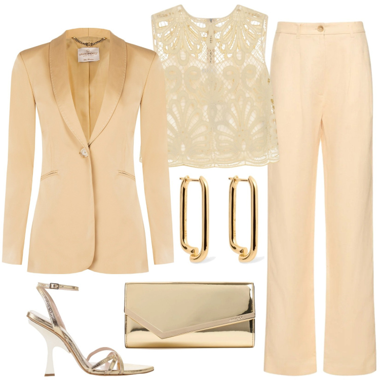 Outfit donna - Outfit giallo burro e accessori oro. Stile Chic per Cerimonia. Abbinamento con blazer, top, sandali col tacco, orecchini, pantaloni, pochette.