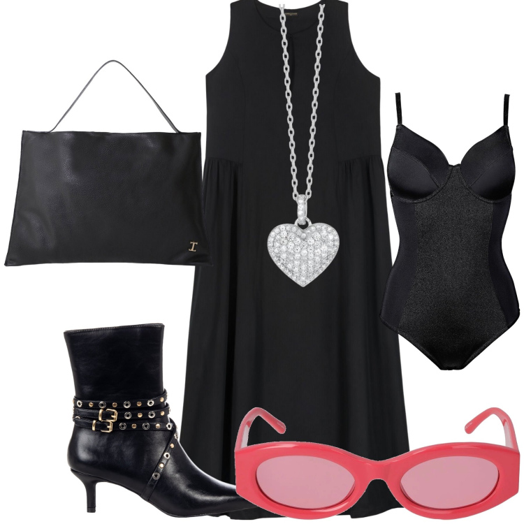 Outfit donna - Occhiali rossi. Stile Urban per Ufficio. Abbinamento con body, collane, stivaletti, borse a spalla, vestiti lunghi, occhiali da sole.