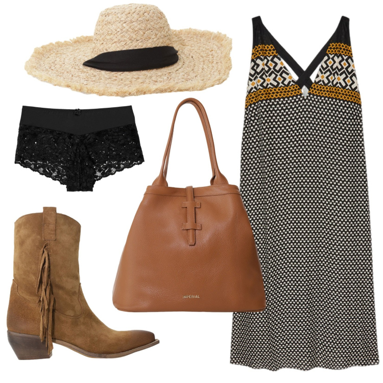 Outfit donna - Total look #2204025. Stile 70s per Tutti i giorni. Abbinamento con culotte, borse tote, cappelli, stivali, vestiti lunghi.