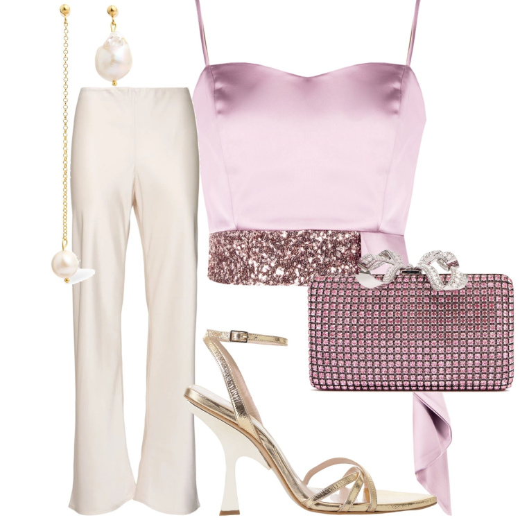 Outfit donna - Una serata in raso. Stile Glamour per Serata fuori. Abbinamento con top, sandali col tacco, pantaloni, orecchini, pochette.