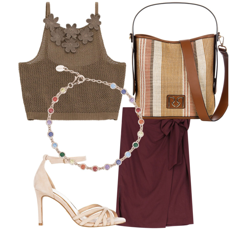 Outfit donna - Stasera a cena fuori. Stile Urban per Serata fuori. Abbinamento con braccialetti, sandali col tacco, borse a secchiello, gonne longuette, top.