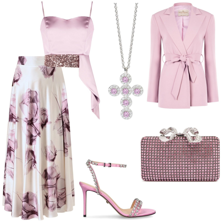 Outfit donna - Pink lady per una sera!. Stile Glamour per Serata fuori. Abbinamento con ciondoli, top, gonne lunghe, blazer, sandali in pelle, pochette.