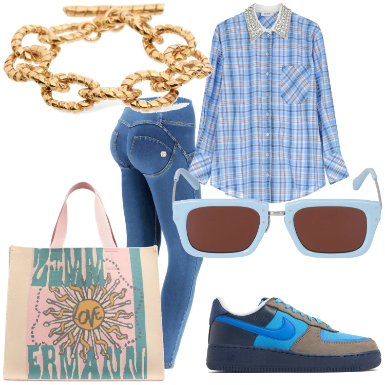 Outfit donna - Total look. Stile Casual chic per Tutti i giorni. Abbinamento con jeggings, camicie, occhiali da sole, braccialetti, shopping bag, sneakers.