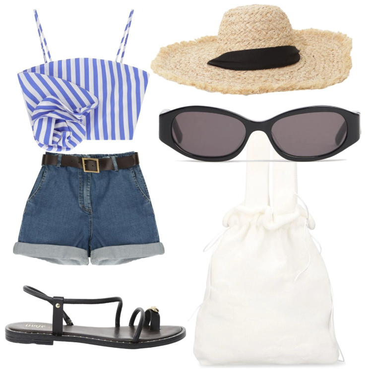 Outfit donna - A Sant. Tropez. Stile Glamour per Mare. Abbinamento con bermuda, canottiere, cappelli, sandali, borse a mano, occhiali da sole.