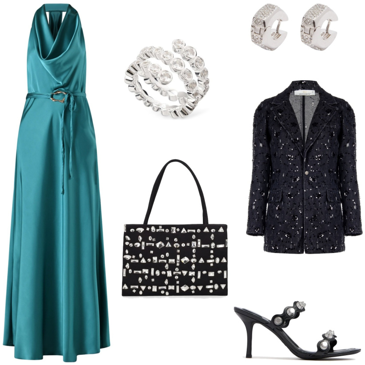 Outfit donna - Verde smeraldo. Stile Glamour per Cerimonia. Abbinamento con blazer, vestiti lunghi, sandali in pelle, borse a spalla, anelli, orecchini.