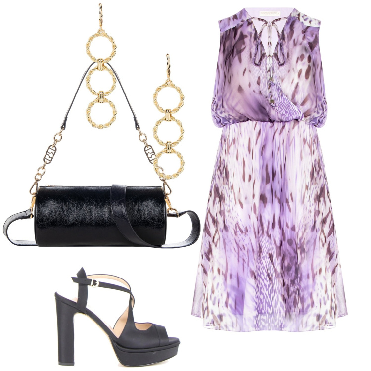 Outfit donna - Abito corto a fantasia. Stile Chic per Cerimonia. Abbinamento con vestiti senza maniche, borse a mano, orecchini, sandali col tacco.